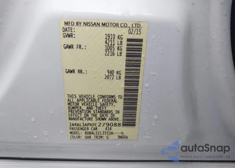 2015 Nissan Altima 2.5 Sv из США, поврежденный, VIN 1N4AL3APXFC279088